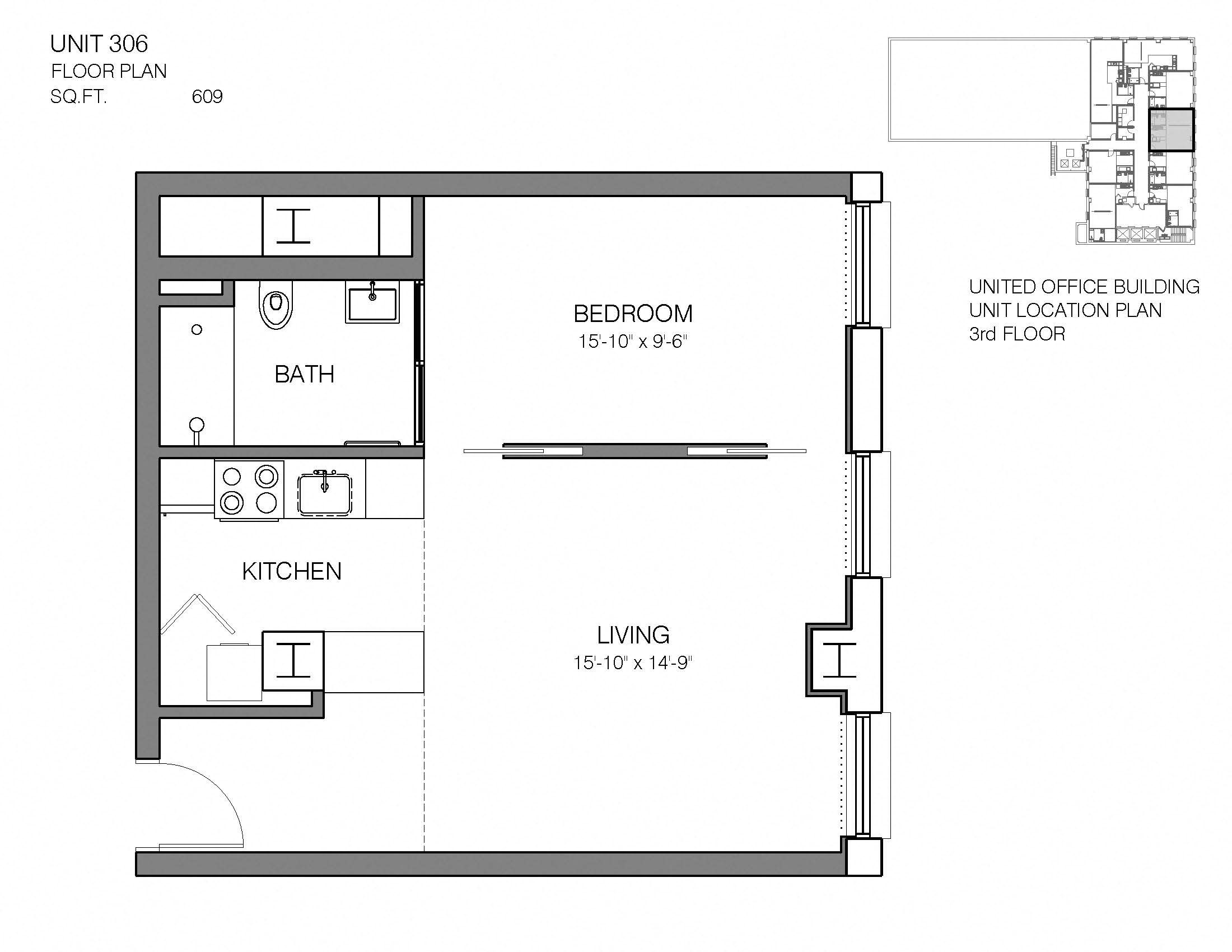 Floor plan for 1 bed, 1 bath, 609 sqft